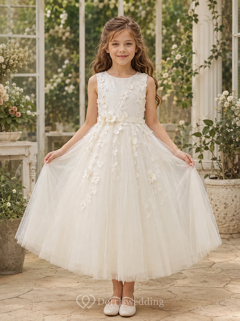 Applique Tulle A-Line Flower Girl Dress with Jewel Neck, Tea-Length Skirt and Floral Applique