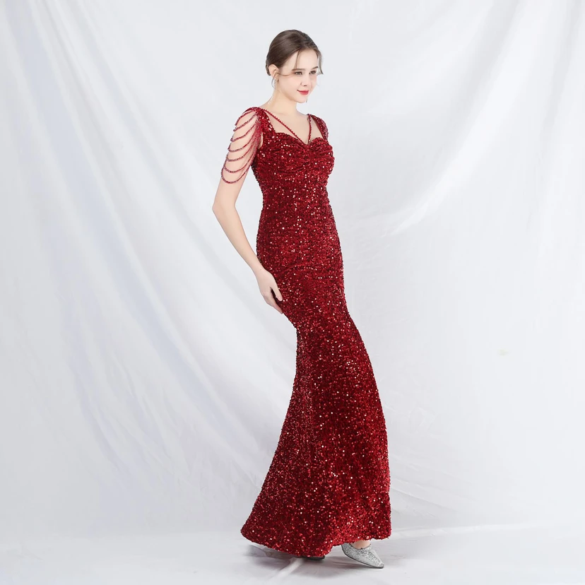 Ladies And Celebrities Formal Occasions Velvet-Bottomed Hand-Beaded Long Evening Dress view 40