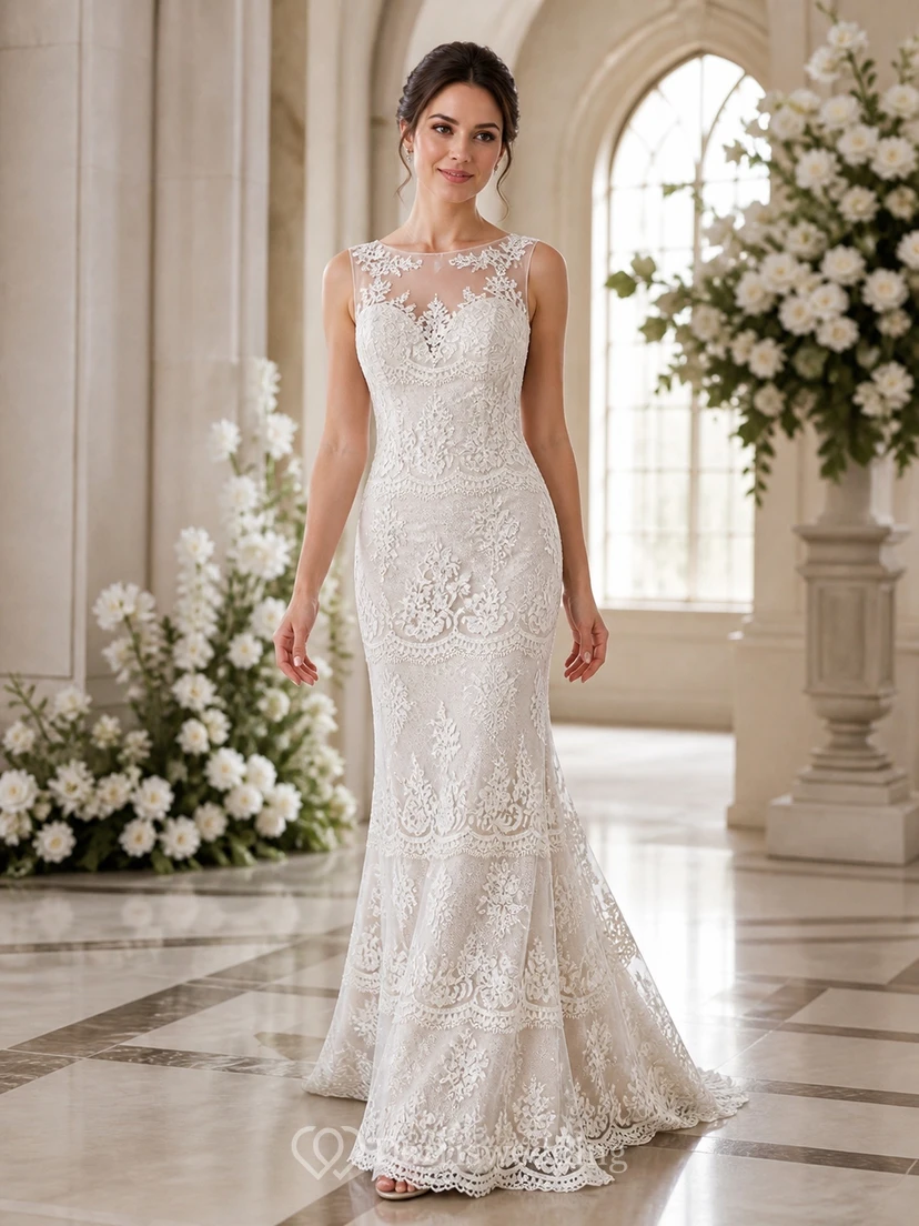 Vestido de novia vintage de encaje sin mangas, de corte recto y cuello alto, estilo modesto.