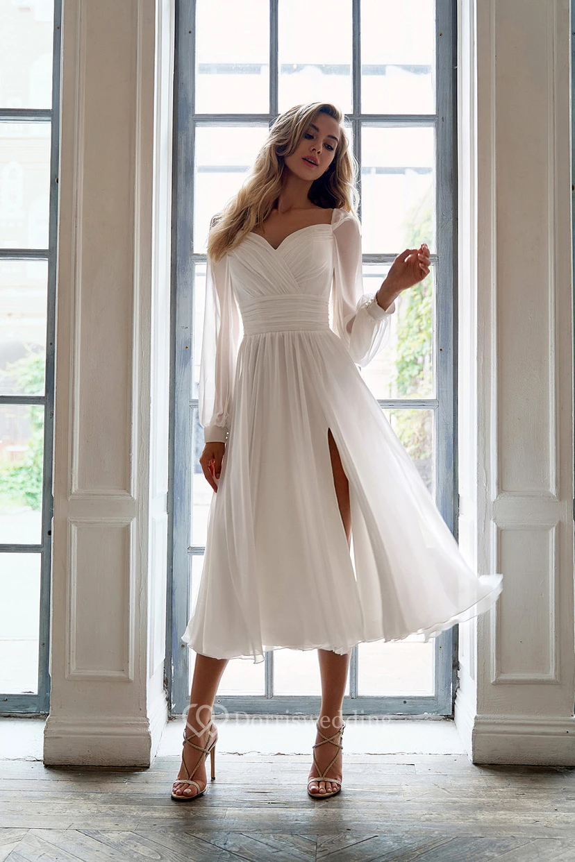 Kurzes, fließendes Chiffon-Hochzeitskleid mit Illusionseffekt, langen Ärmeln und vorderem Schlitz, langem Ärmel view 4
