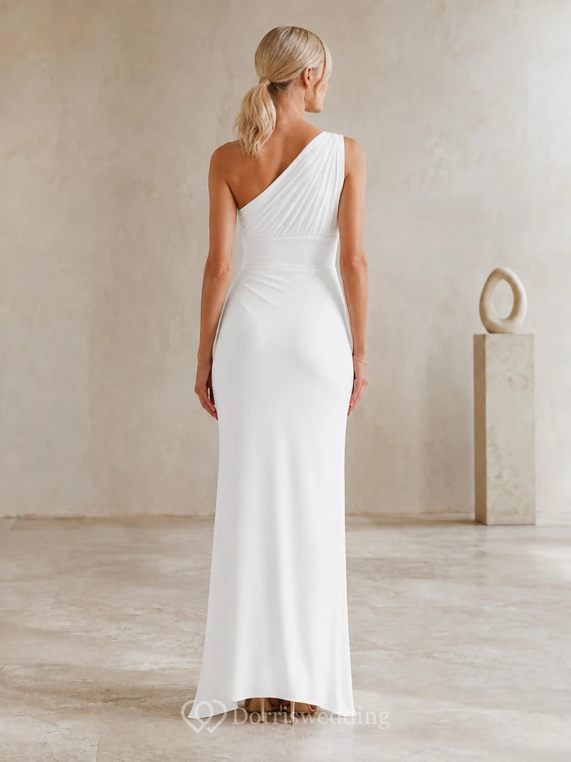 White One Shoulder Sleeveless Ruched Split Front Sheath Dress view 2