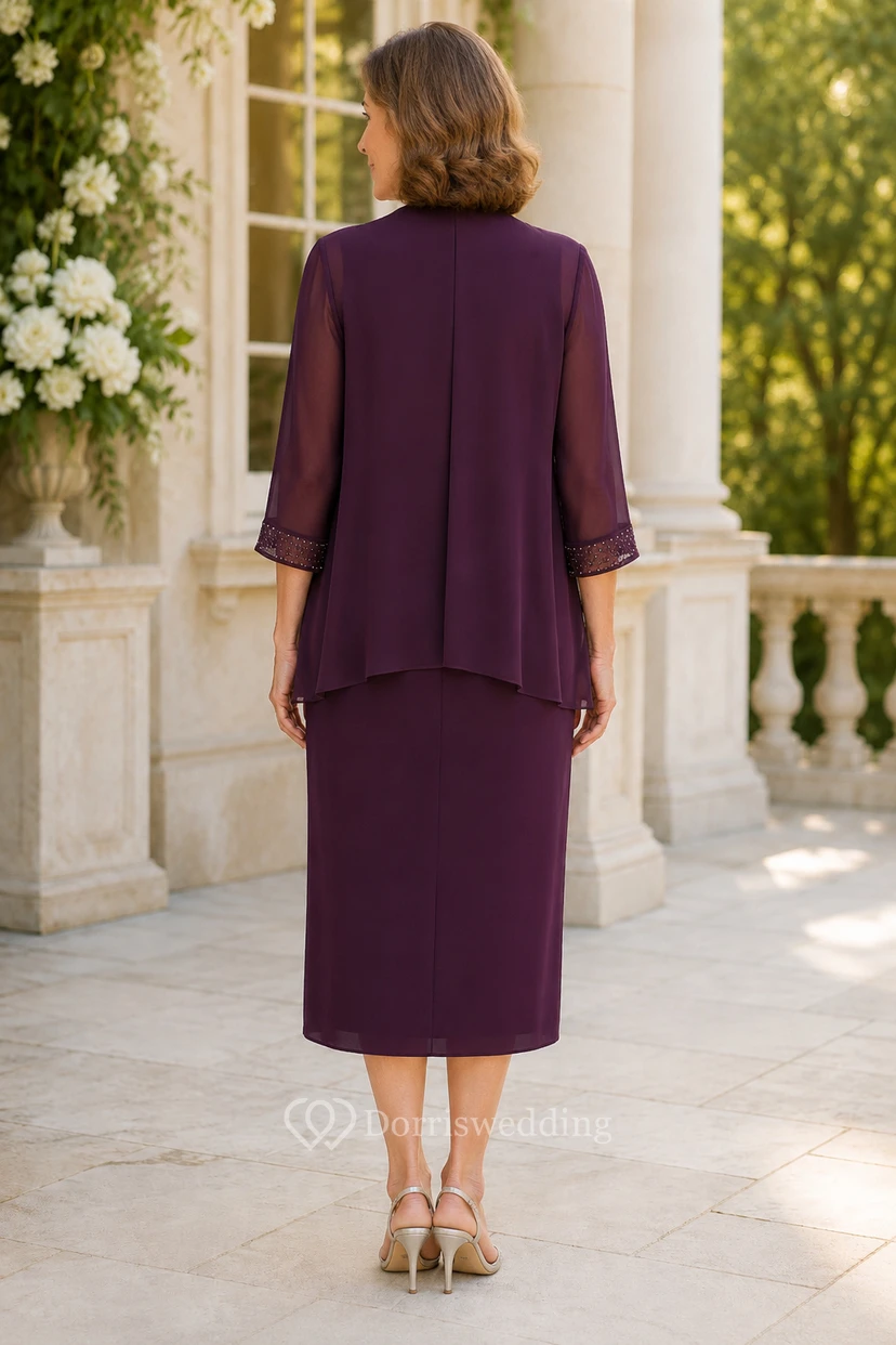 Plum Tea-Length Sheath Mother Dress with Chiffon Jacket view 2