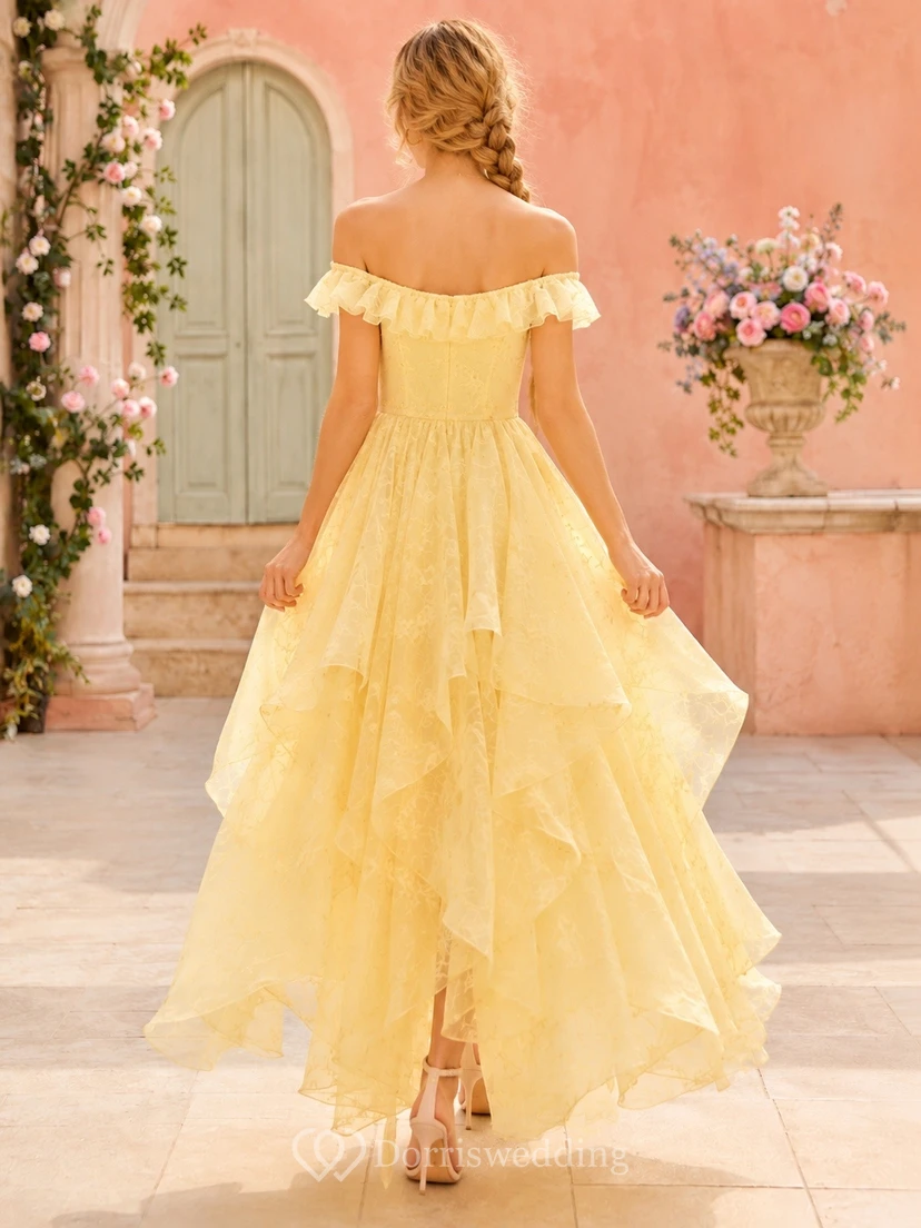 Daffodil Romantic Elegant Off-Shoulder Short-Sleeve Tulle Ruffled A-Line High-Low Formal Dress view 2