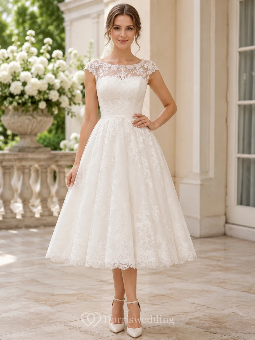 Vestido de novia vintage de corte A con escote barco, mangas cortas y encaje, estilo jardín.