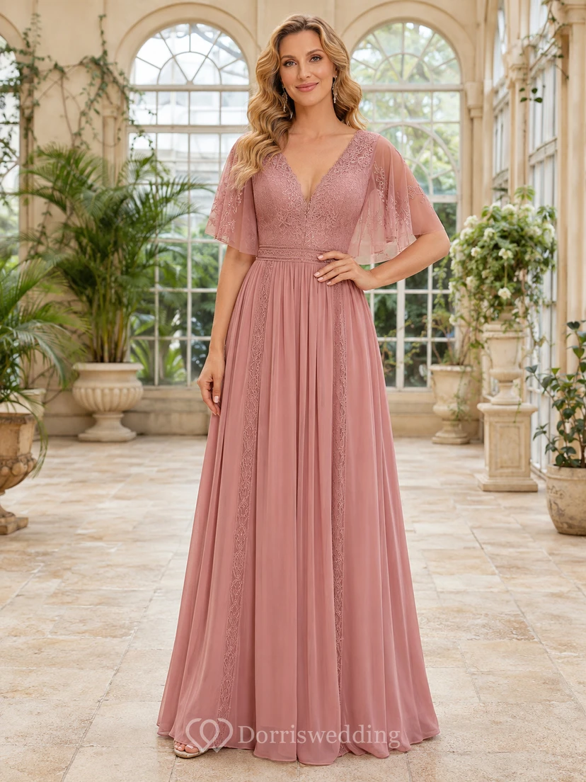 Altrosafarbenes, bodenlanges Boho-Kleid mit V-Ausschnitt, Spitze, flatternden Ärmeln