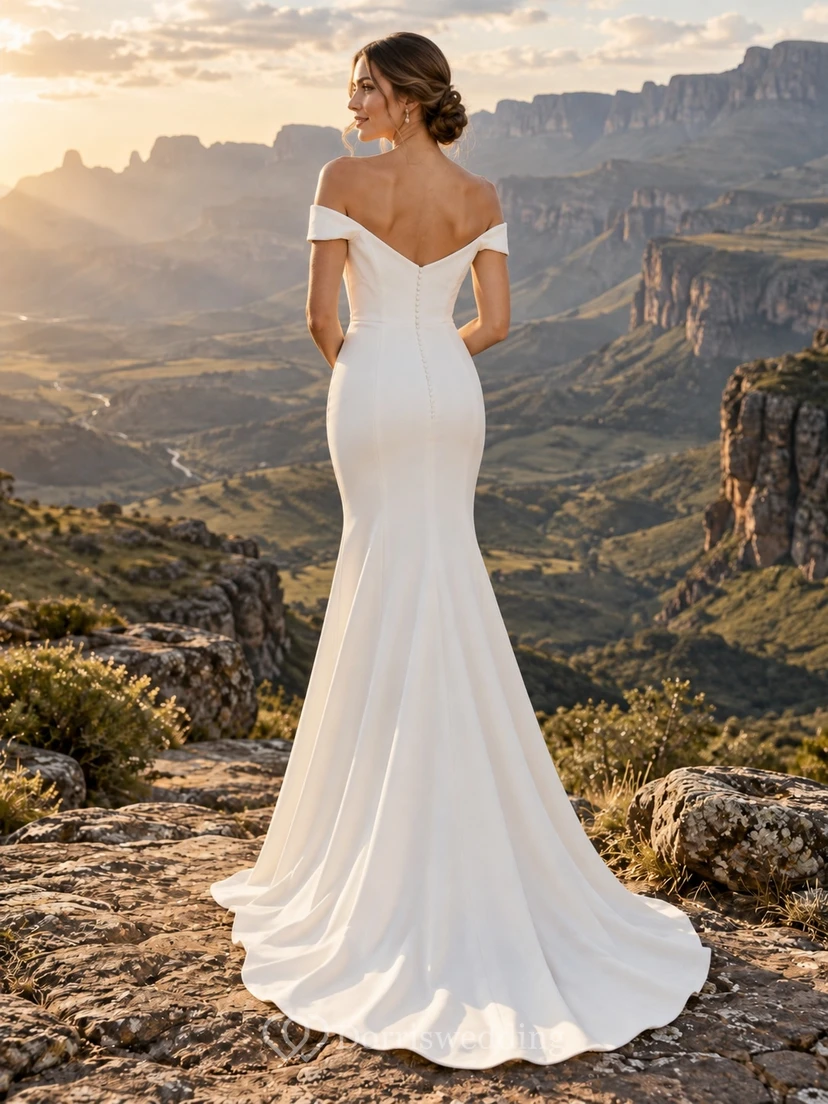 Vestido de novia sencillo de satén con hombros descubiertos y corte sirena, corpiño liso y cintura natural. view 2
