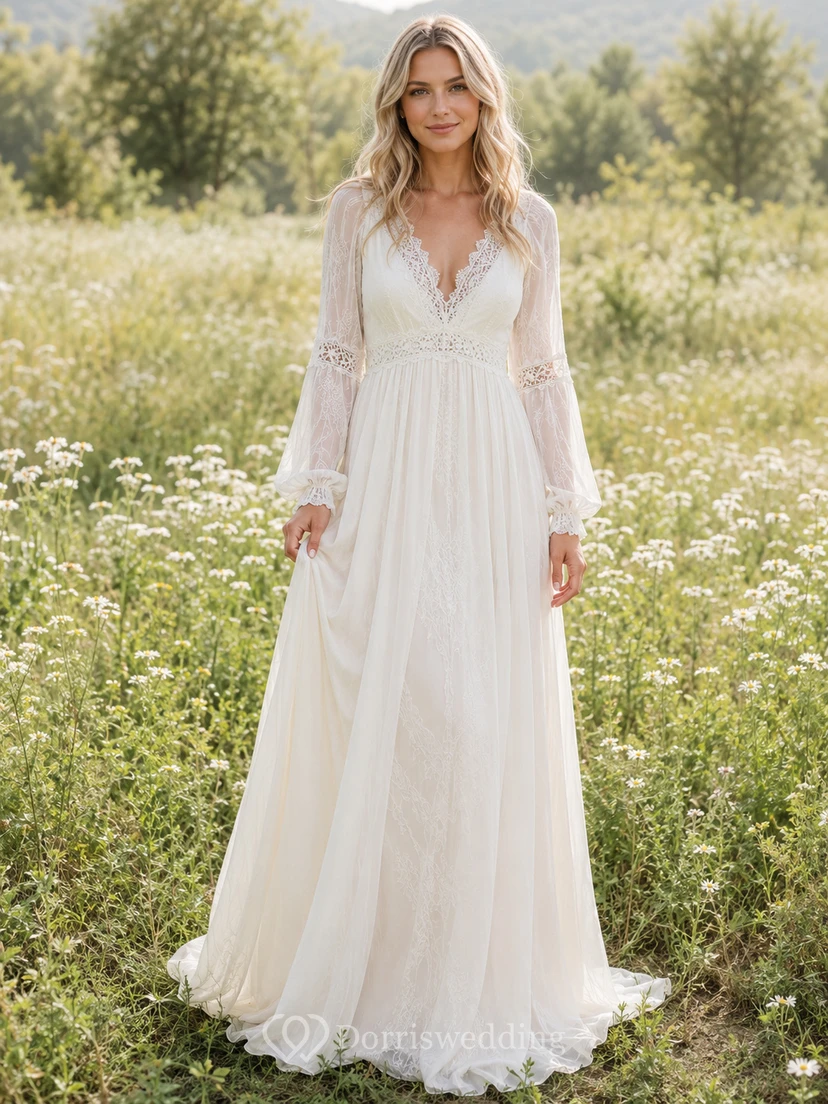 Robe de mariée bohème à manches longues en dentelle empire