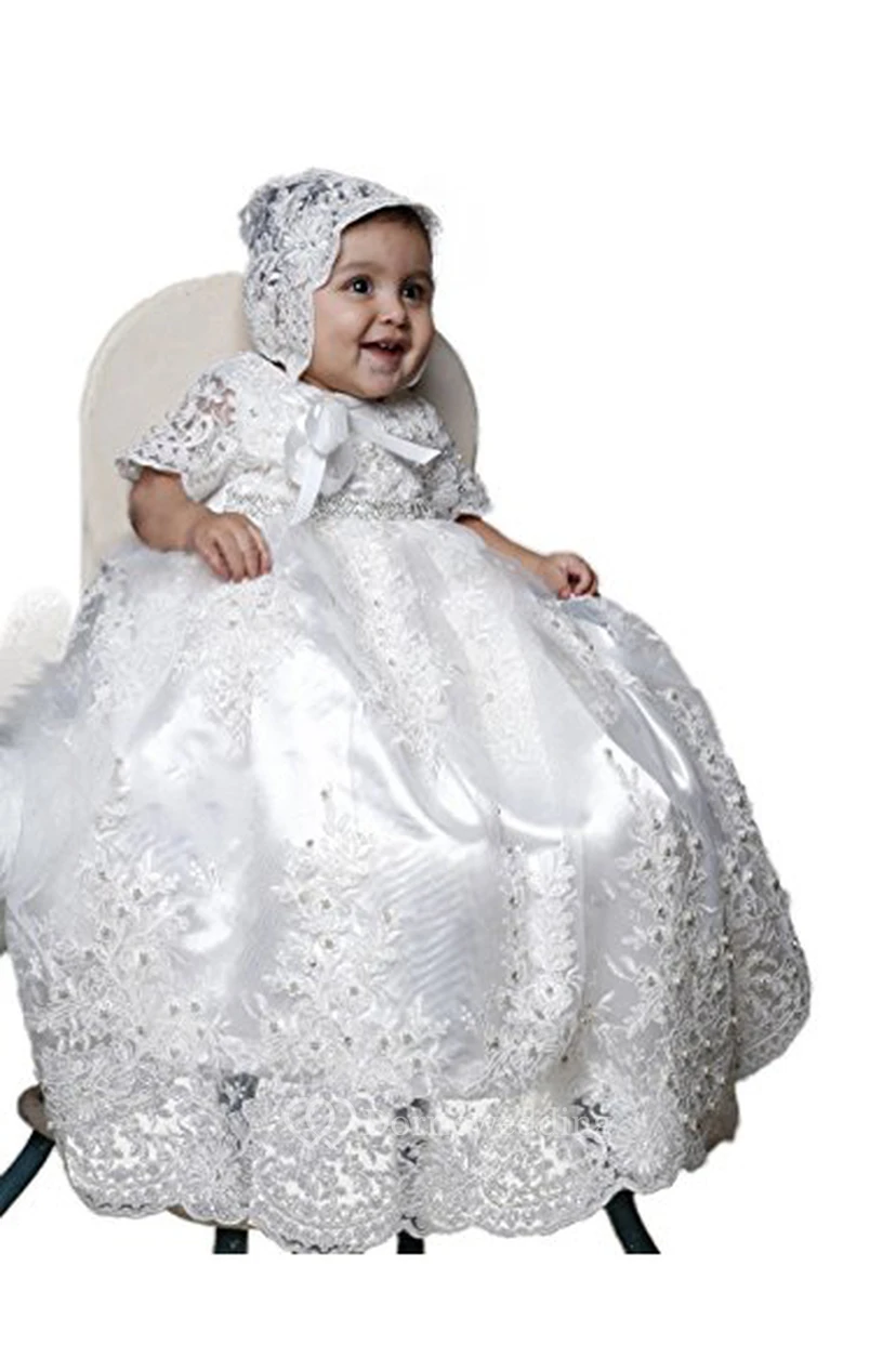 Charming Christening Dress With Lace Appliques And Beaded Belt view 3