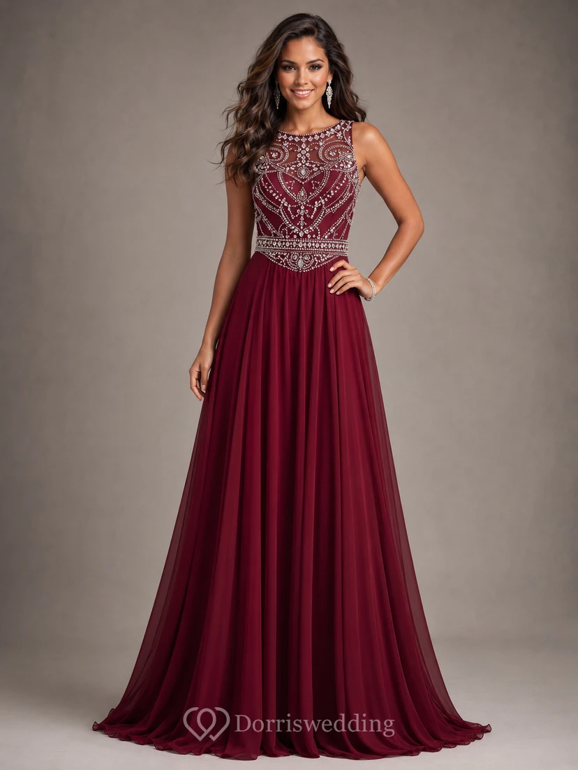 Vestido largo de gasa sin mangas con escote joya estilo sirena view 7