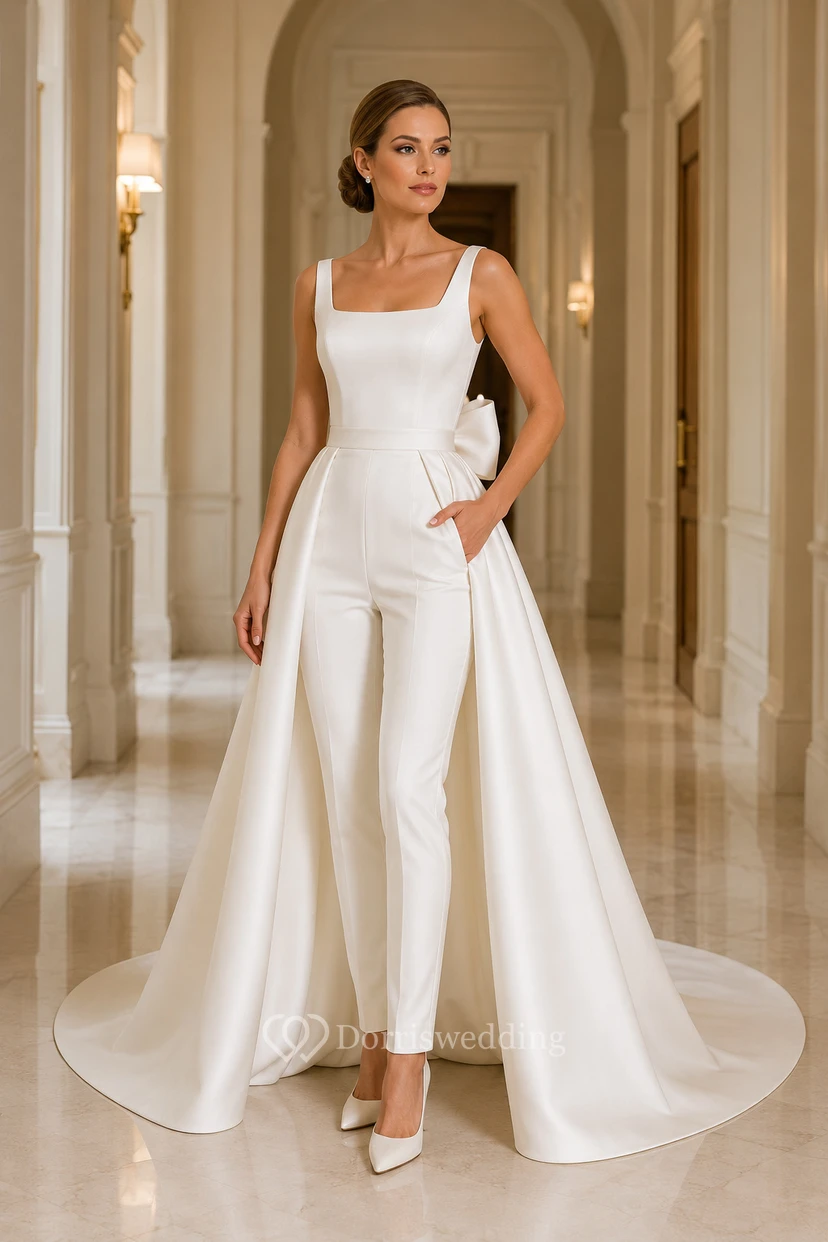 Combinaison de mariée à encolure carrée avec surjupe en satin et traîne