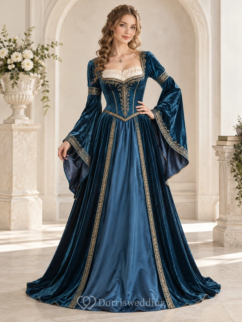 Vestido corsé renacentista de terciopelo pavo real con mangas largas acampanadas y escote cuadrado.