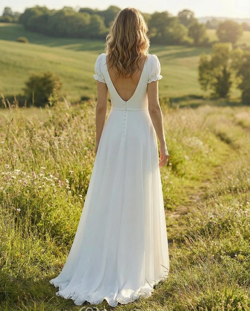 Robe de mariée trapèze à manches bouffantes simples et décolleté en V plongeant view 2