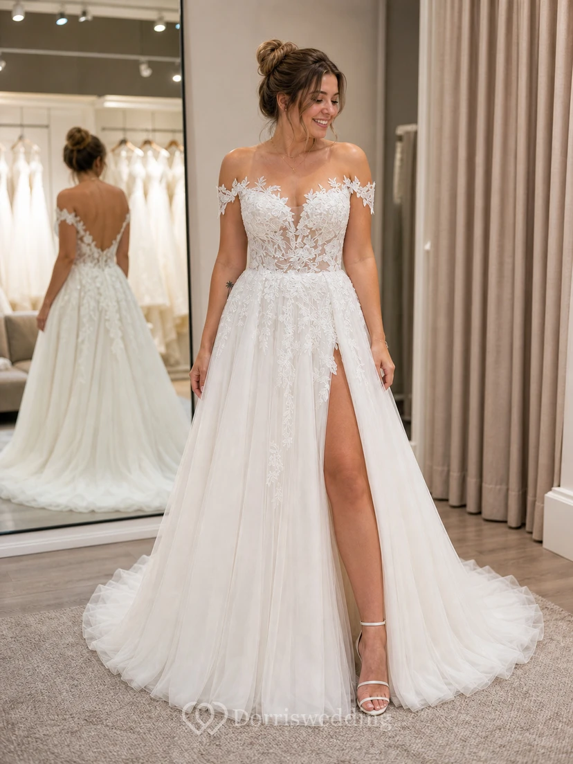 Robe de mariée champêtre en tulle à épaules dénudées et fente haute en dentelle view 8