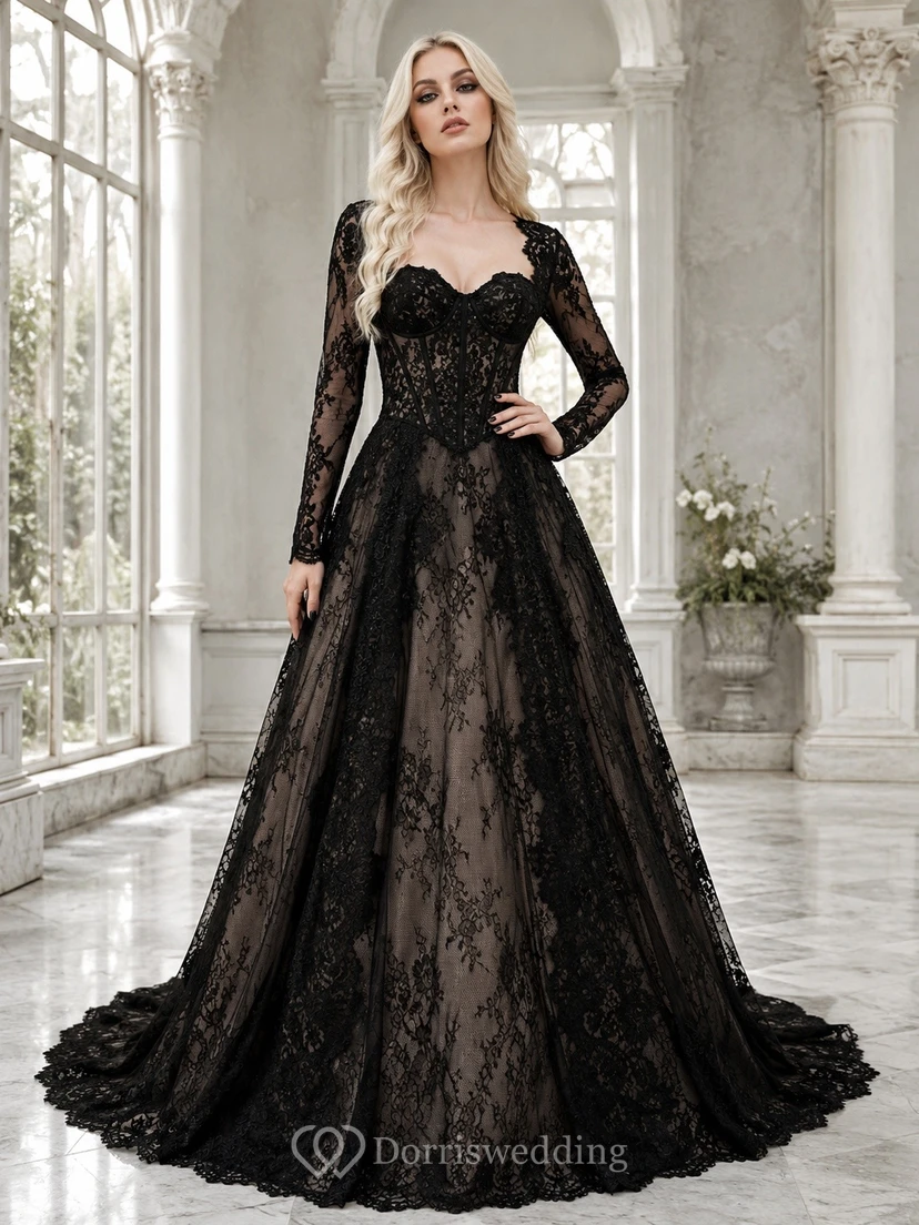 Vestido de novia negro de manga larga, corte A, encaje y largo hasta el suelo