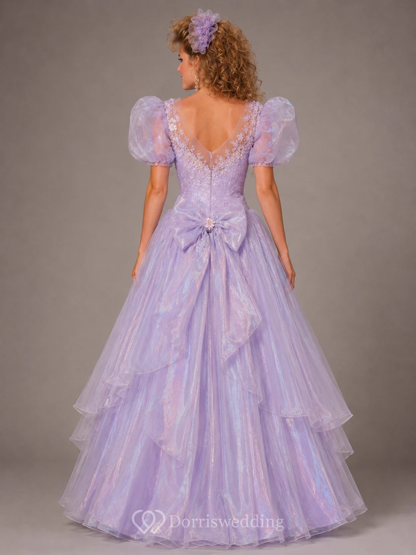 Ballkleid mit V-Ausschnitt, kurzen Ärmeln und Rüschenstufen, bodenlang view 2