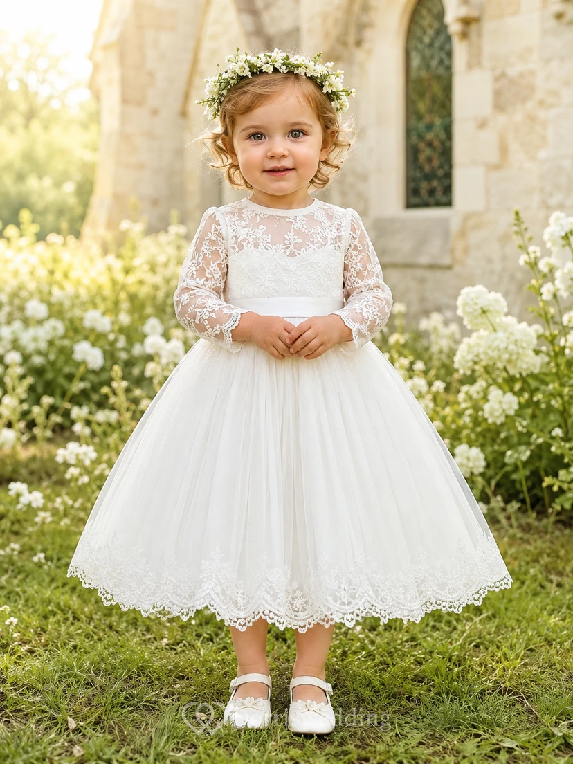 Modest Baby Baptism Christening Ceremony Dress A-Line Tea-Length Jewel Neck Long Sleeve Tulle Lace Button Back