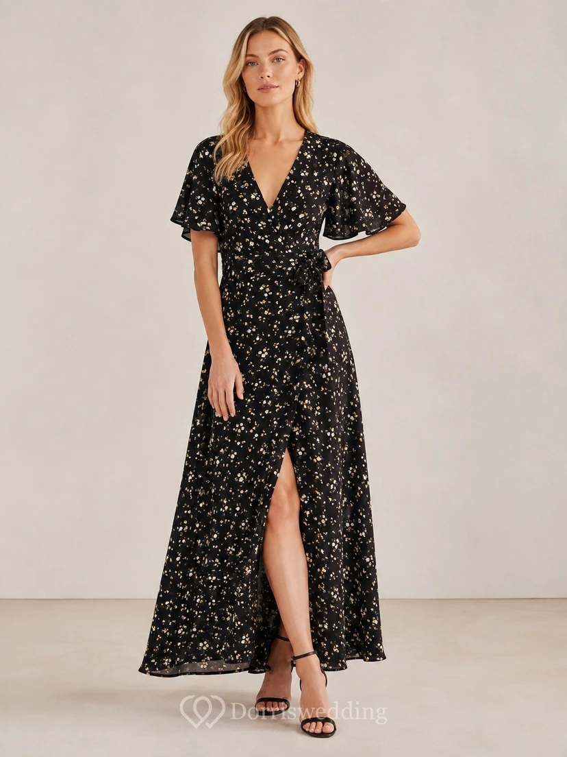 Robe décontractée en mousseline noire à fleurs, col en V, manches courtes, coupe trapèze, longueur midi