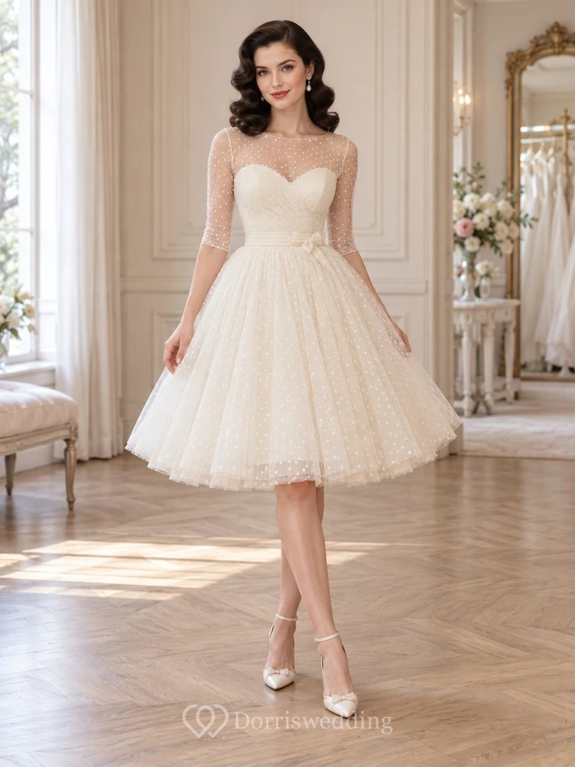 Vintage Knee Length Illusion Sleeve Sweetheart Tulle A-line Wedding Dress