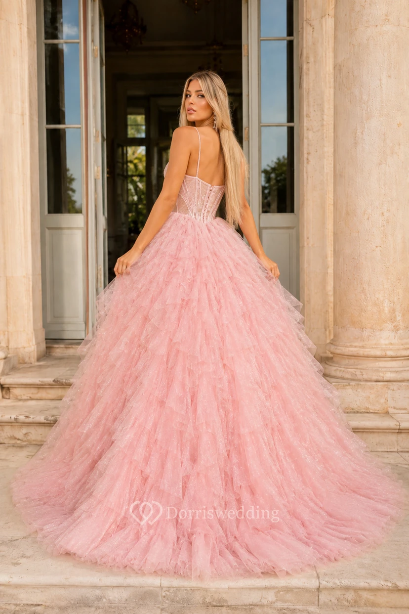 Blushing Pink Tulle Ball Gown with Beaded Bodice and Fluffy Layered Skirt view 2
