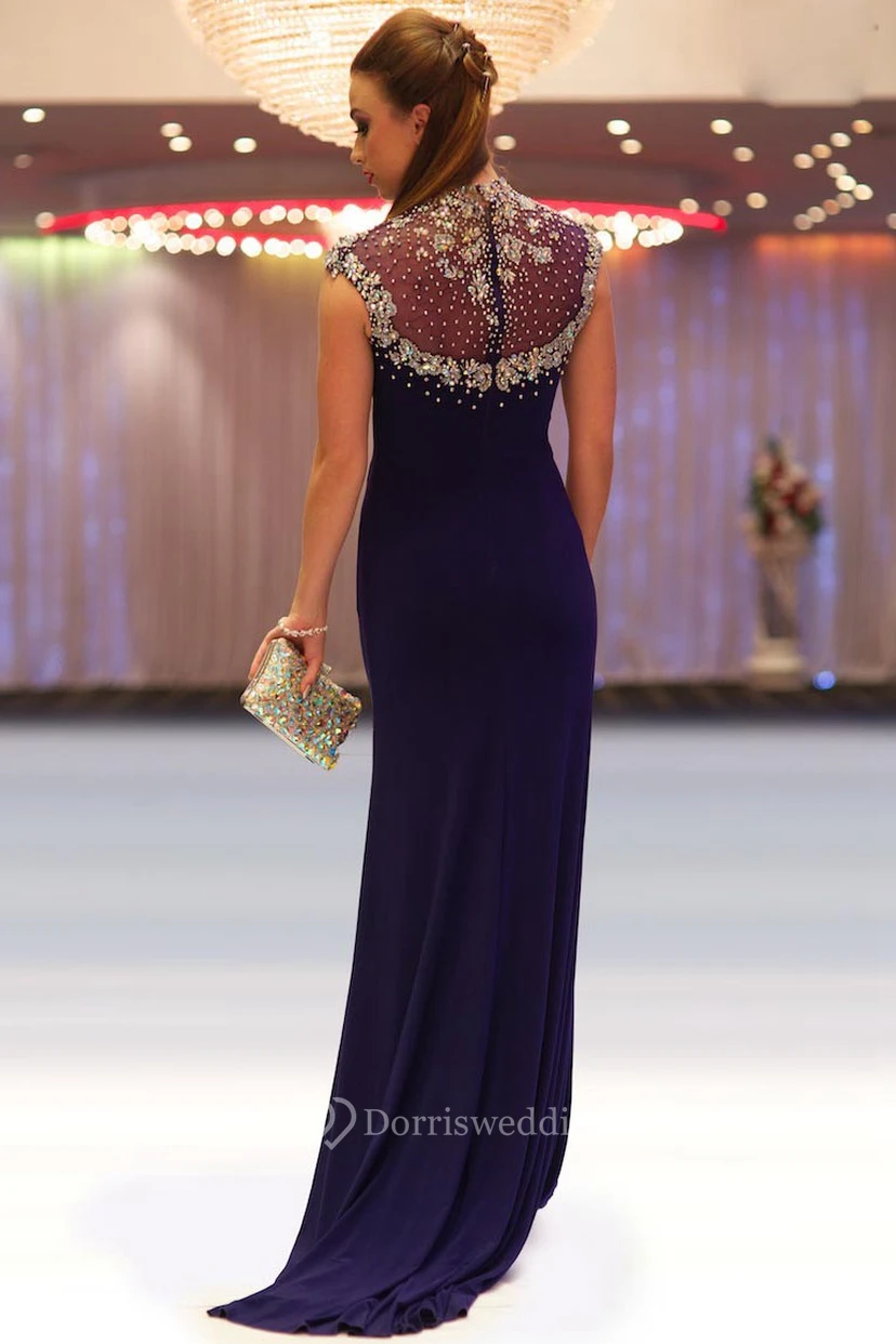 Sheath Beaded Floor-Length High-Neck Cap-Sleeve Jersey Prom Dress view 2
