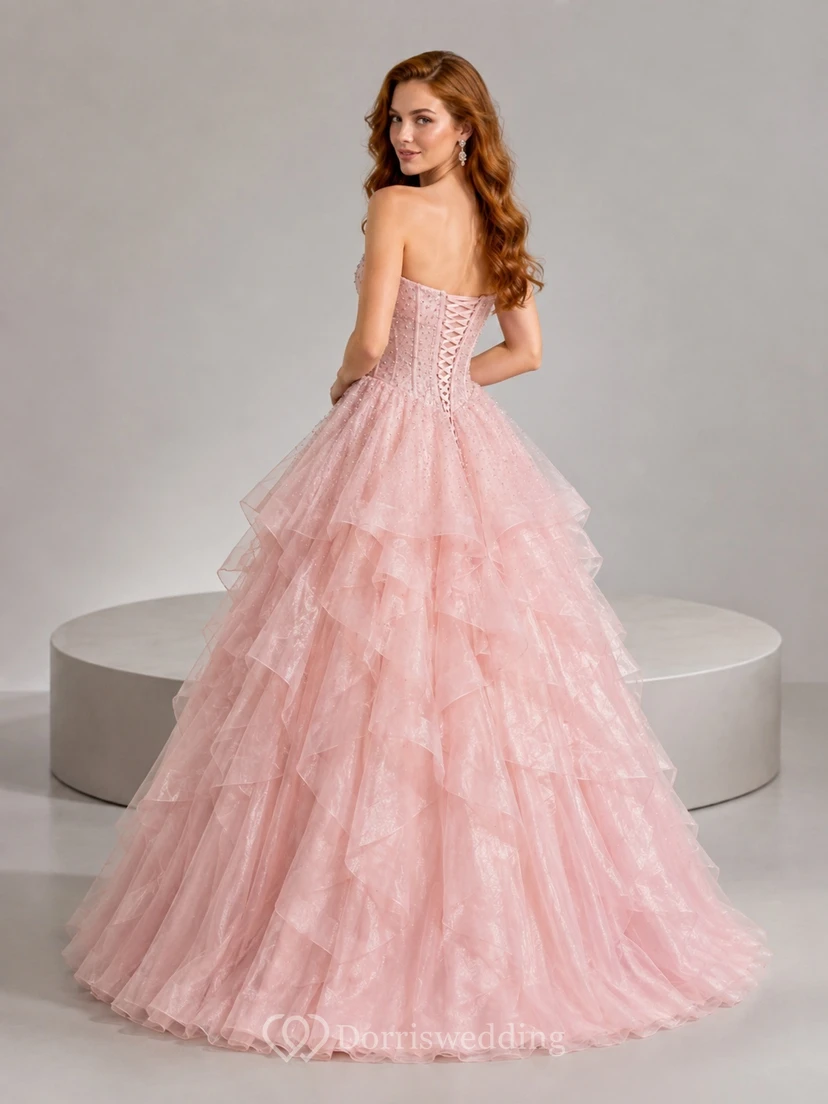 Blush Ruffled Tiered Tulle Quinceanera Ball Gown Formal Prom Dress view 2