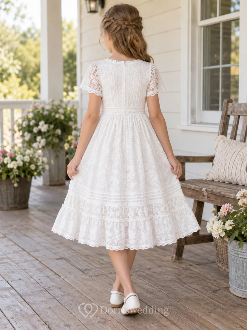 Country White Tea-length Notched Neck Flutter Sleeve Lace Flower Girl Dress view 2