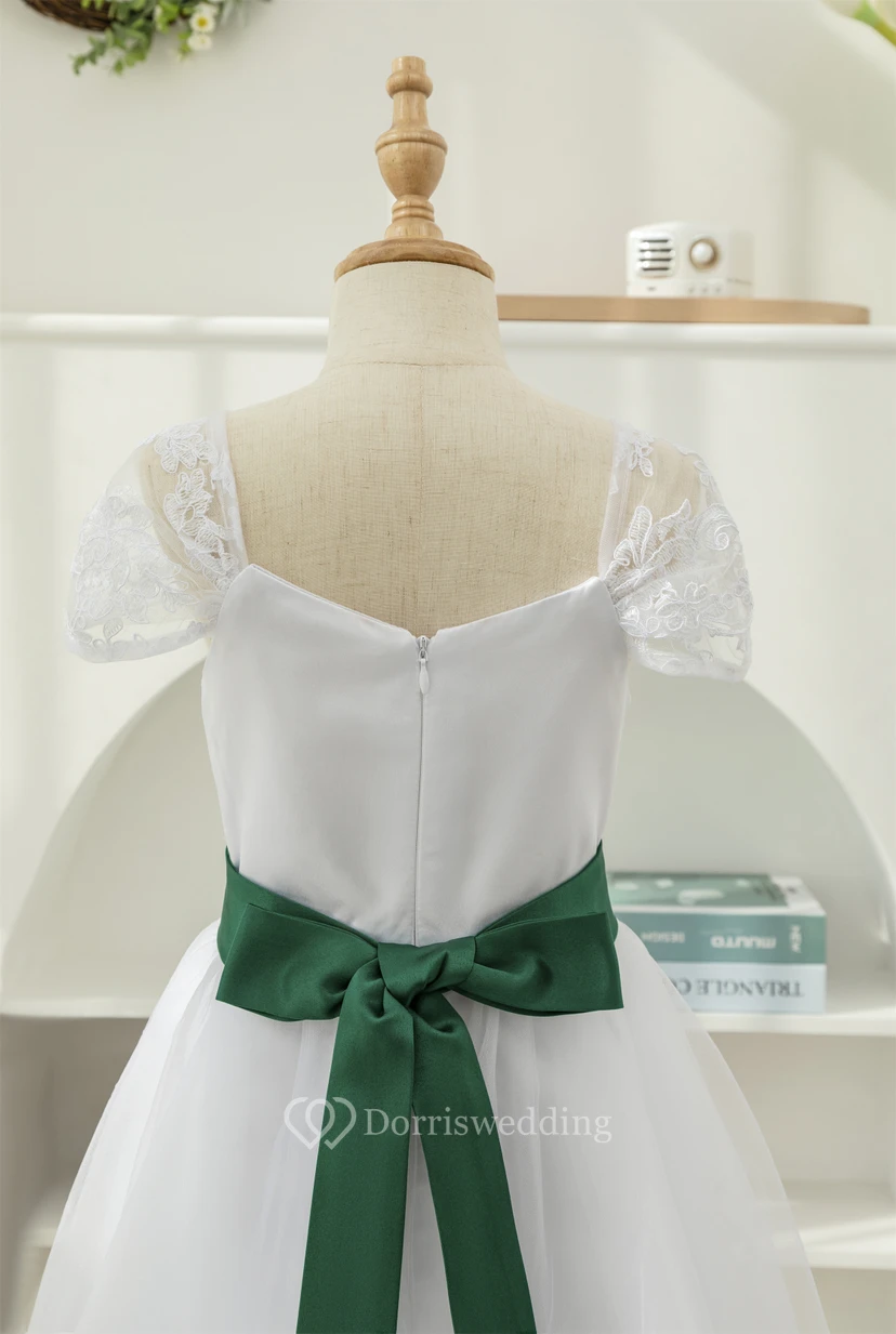 White Short-sleeve A-line Tulle First Communion Flowergirl Dress view 7