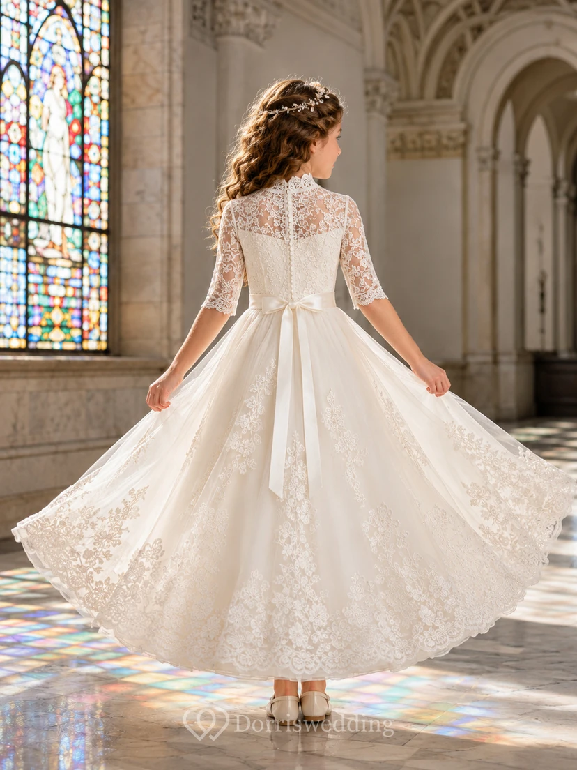 Robe de bal de communion mi-longue à col montant et manches trois-quarts en dentelle view 2
