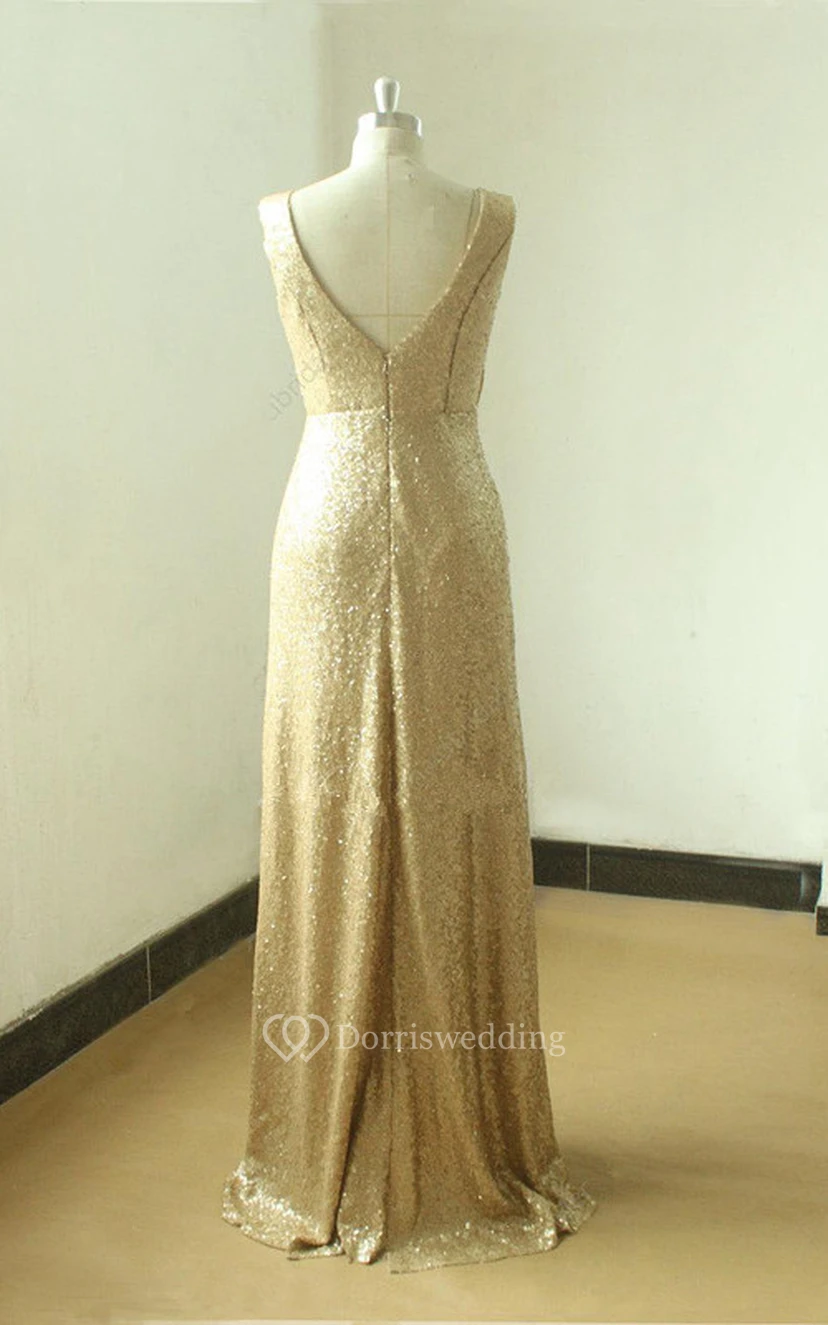 Floor-length Gold Sequined V-neck Gown With Low V Back view 2