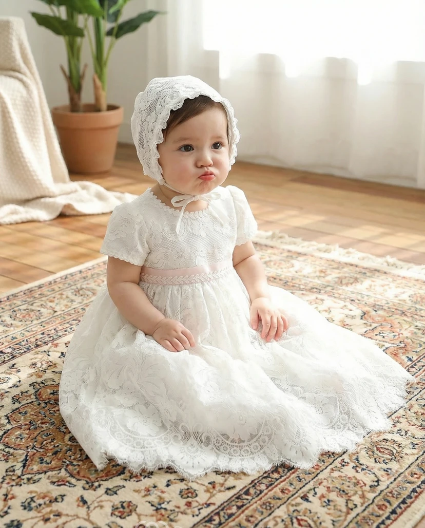 Vestido blanco de encaje de manga corta para niña de bautizo