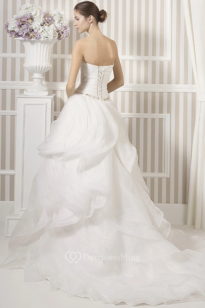 A-Line Ruffled Maxi Sleeveless Strapless Organza Simple Wedding Dress With Flower And Ruching view 2
