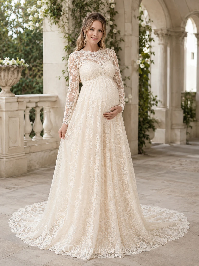 Robe de mariée de maternité à manches longues en dentelle, style empire bateau, pour chapelle