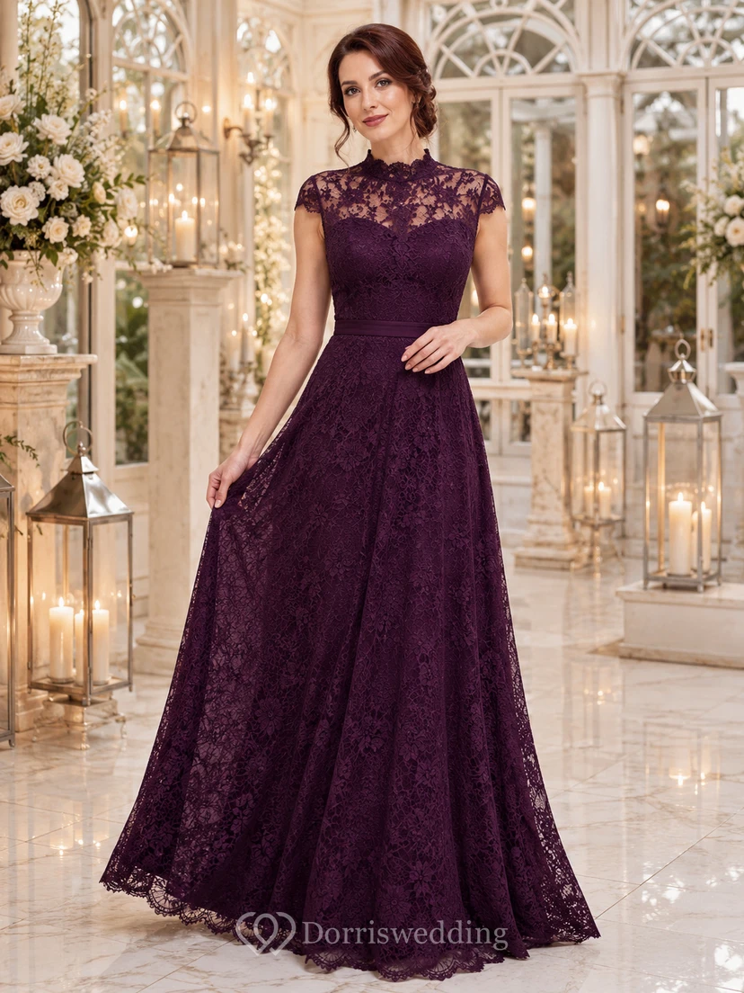 Plum Cap Sleeve High Neck Lace A Line Formal Dress