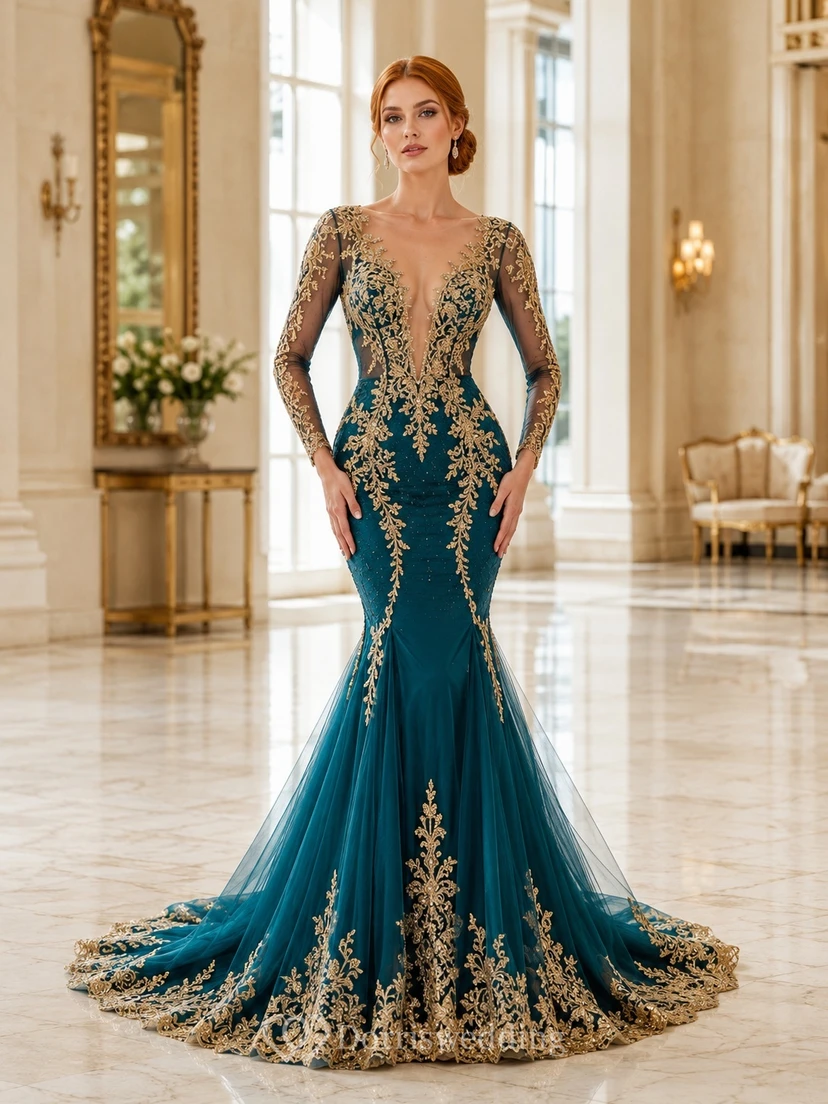 Dunkeltürkisfarbenes Brautkleid mit goldener Stickerei, langen Ärmeln, Meerjungfrauen-Schleppe und Kapellenschleppe view 2