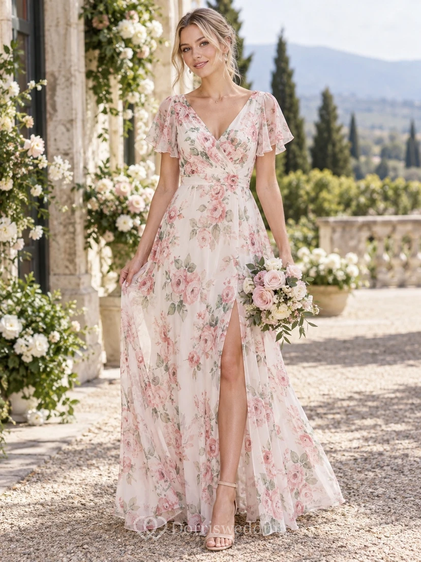Vestido de dama de honor largo hasta el suelo, corte A, con mangas acampanadas, escote en V, abertura lateral y estampado floral rosa rubor.