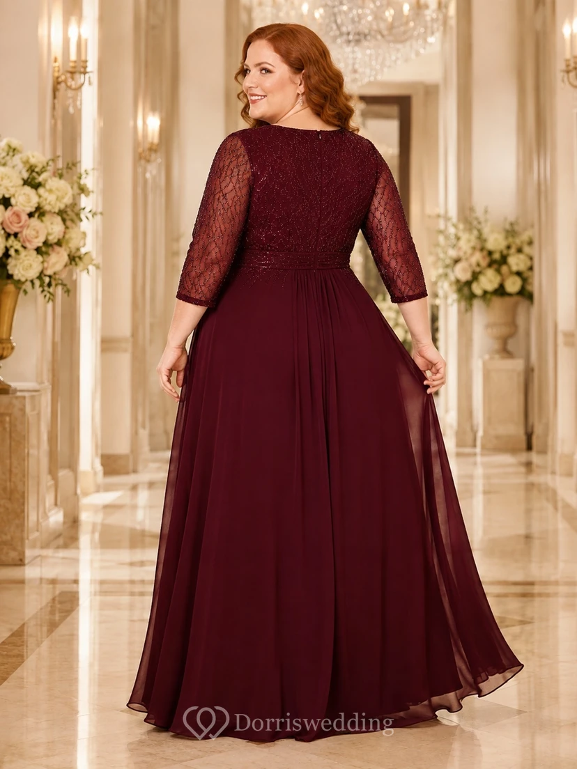 Burgunderfarbenes, elegantes A-Linien-Kleid aus Chiffon mit V-Ausschnitt, Dreiviertelärmeln und Spitze in Übergröße view 2