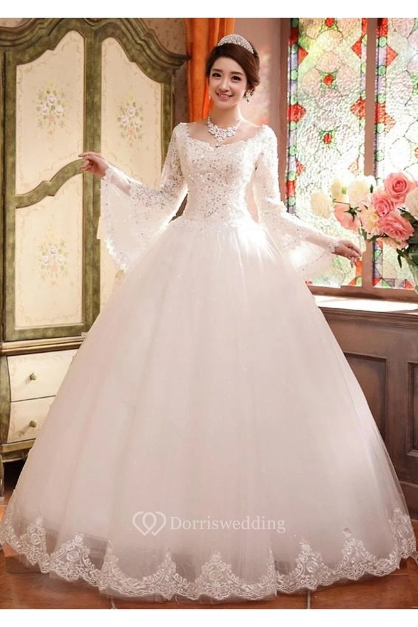 Glamorous Long Sleeve Sequins Lace Wedding Dresses Ball Gown Tulle view 3