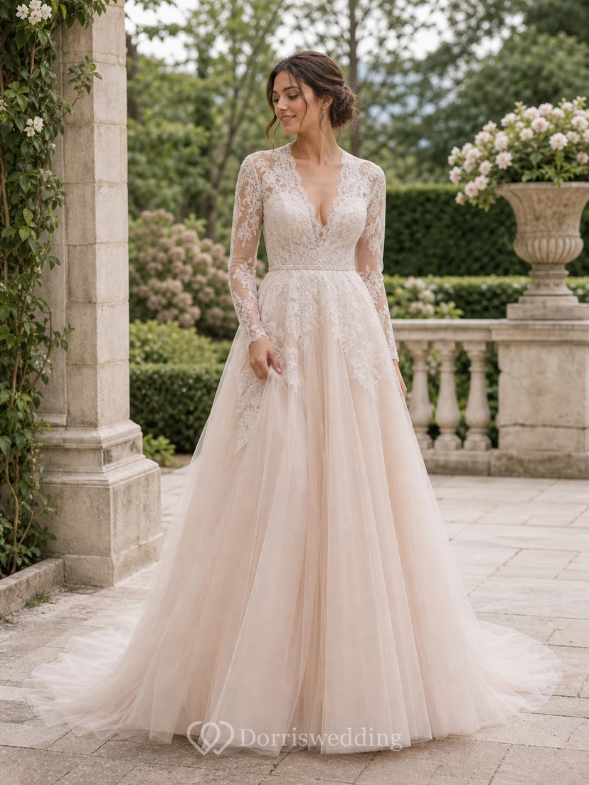Elegante vestido de novia de corte A, largo hasta el suelo, con cola, mangas largas y apliques. view 6