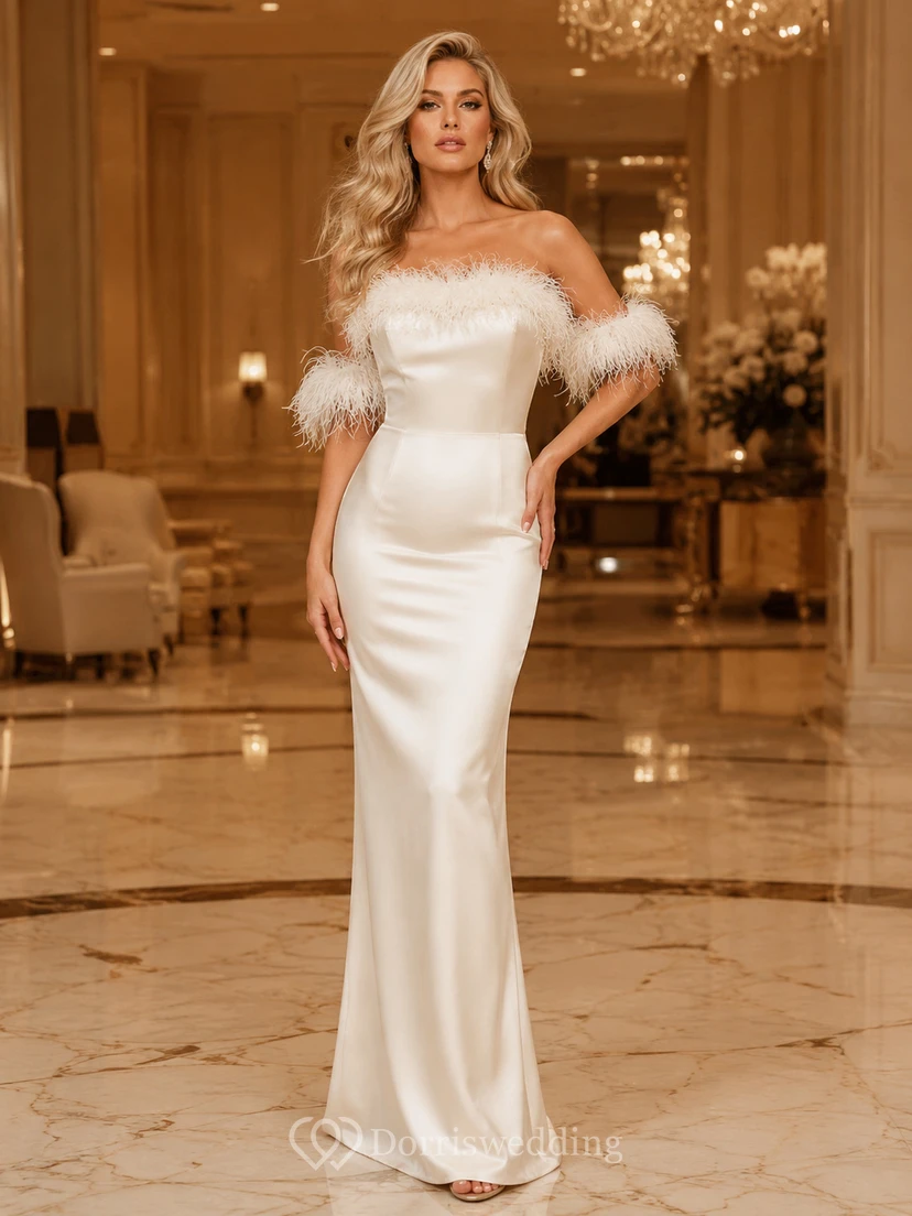 Pearl Tone Feather Off-the-shoulder Mermaid Evening Dress