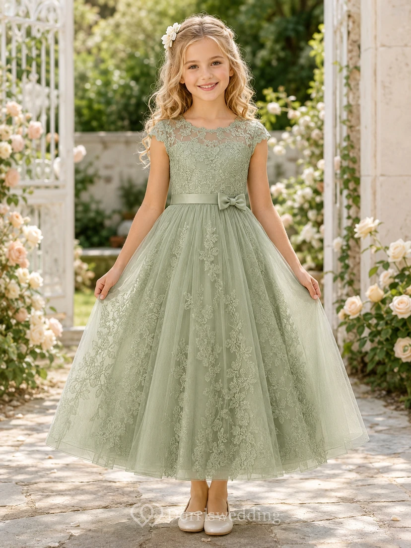 Sage Lace Tea-Length A-Line Flower Girl Garden Wedding Tulle Dress With Cap Sleeves