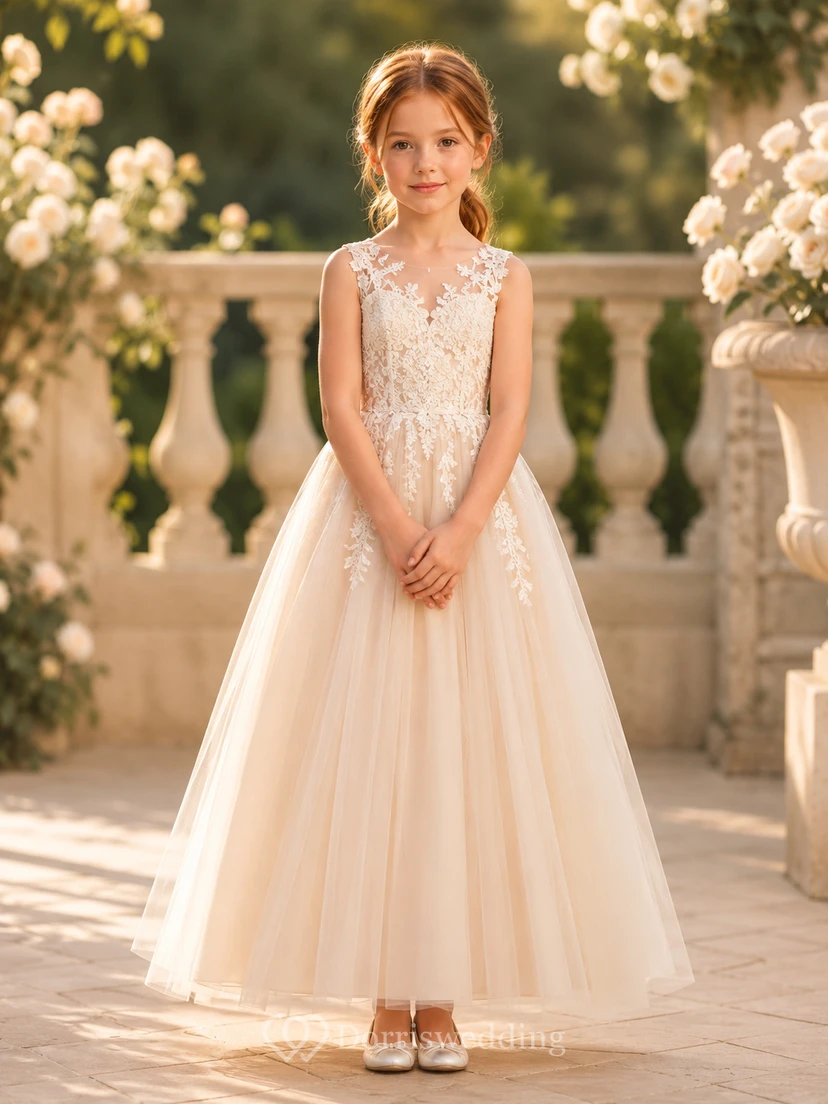Blumenmädchenkleid aus elfenbeinfarbener Spitze und Tüll, A-Linie, Rundhalsausschnitt, Teelänge