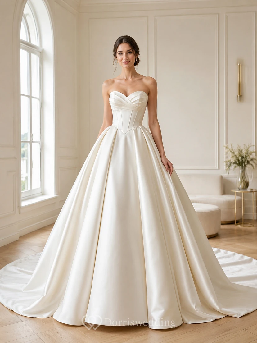 Robe de mariée classique en satin, bustier cœur, traîne chapelle, plis structurés, fermeture éclair au dos