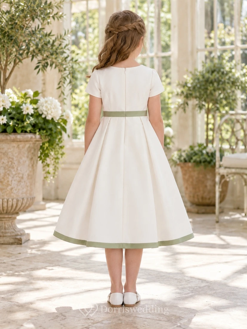 Simple Tea-length Ivory Jewel Short-sleeve Pleated Sage-banded Zipper-back A-line Flower Girl Dress view 2