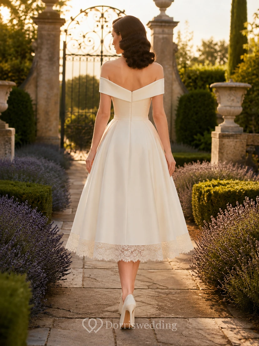 Robe de mariée vintage en satin, épaules dénudées, longueur thé, style champêtre, classique view 2