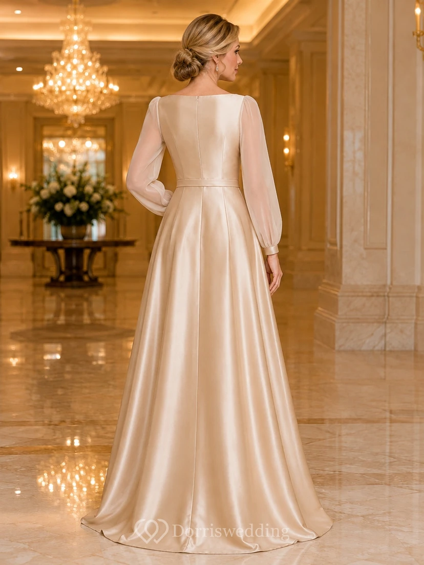 Champagne Jewel Neck Long Sleeve Satin A-Line Floor-length Formal Gown view 2