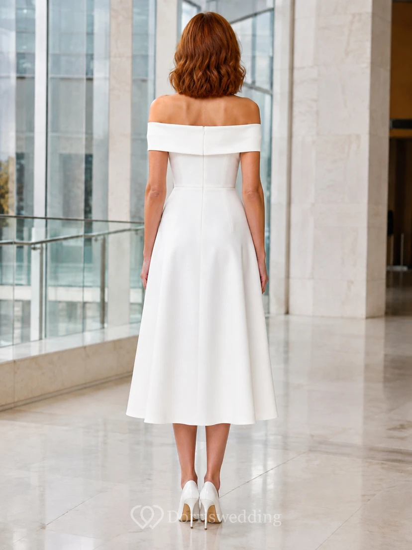 Modern Satin Off-Shoulder Short-Sleeve Split-Front A-Line Tea-Length Civil Wedding Dress view 2