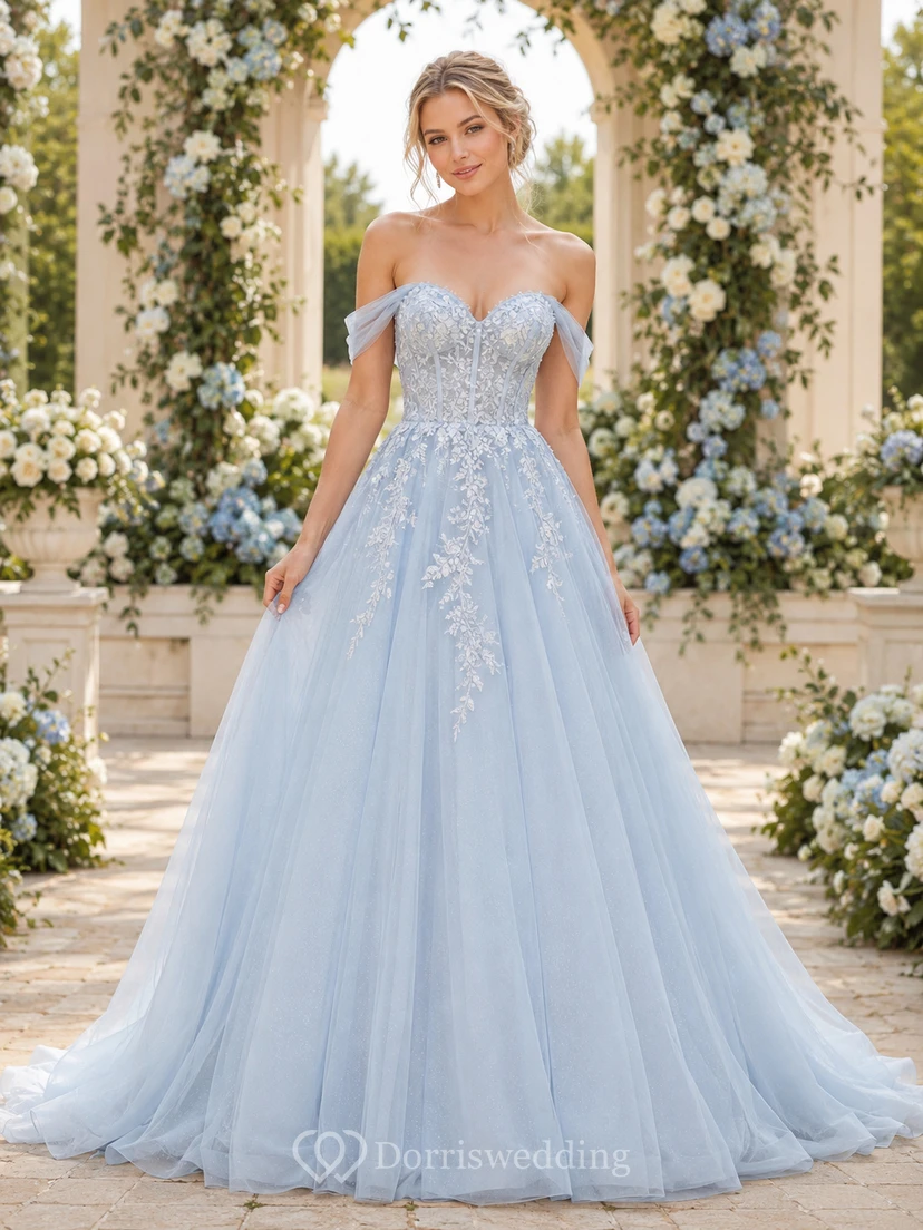 Blue Off Shoulder Lace Tulle A Line Garden Wedding Dress