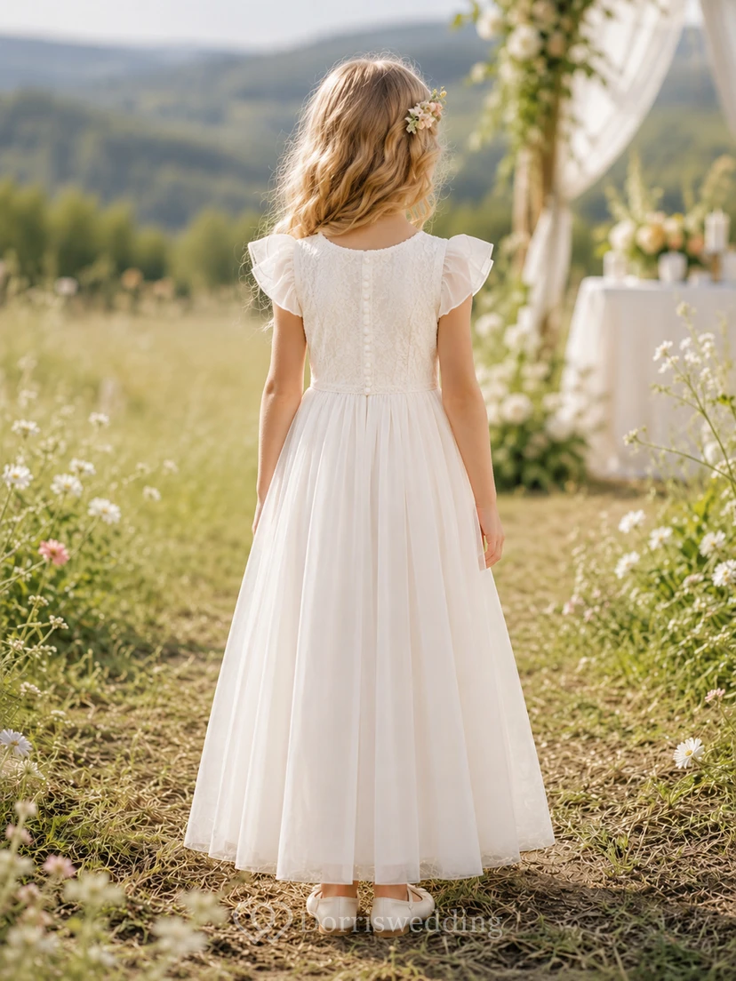 Flower Girl Dress Ivory Lace Tulle A-Line Short Sleeve Scoop Neck Tea Length view 2