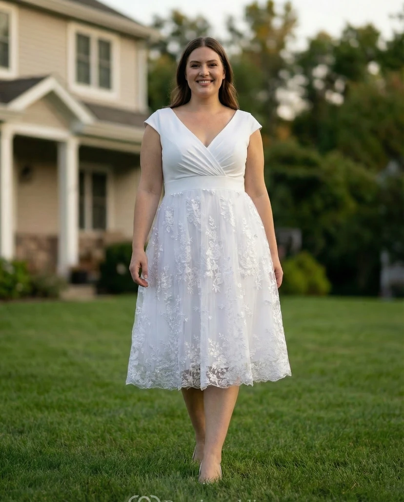 Plus Size Tea-Length Chiffon Gown with Low-V Back view 2