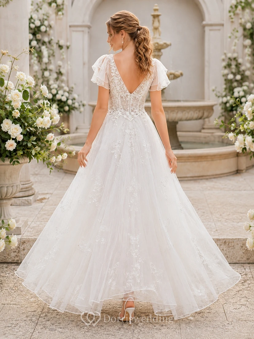 Fairy Wedding A-Line Lace Tulle V-Neck Flutter Sleeve Floral Applique Ankle-Length Dress view 2